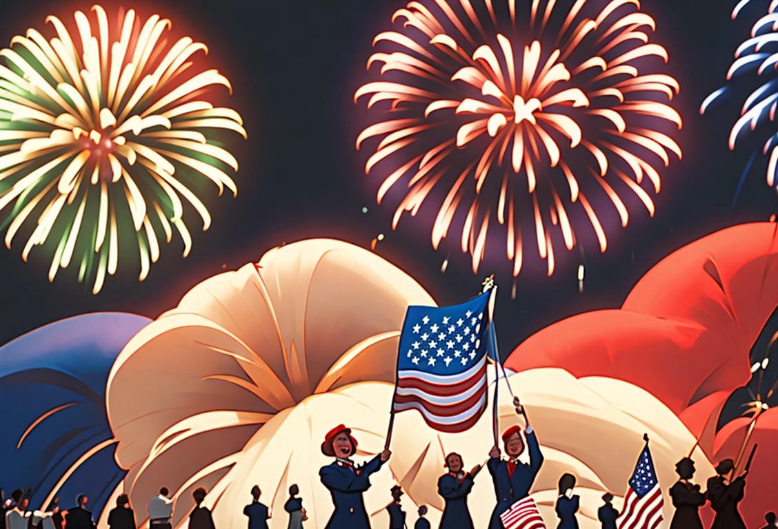 Group of diverse people in patriotic attire, holding American flags, with a backdrop of fireworks and smiling faces..