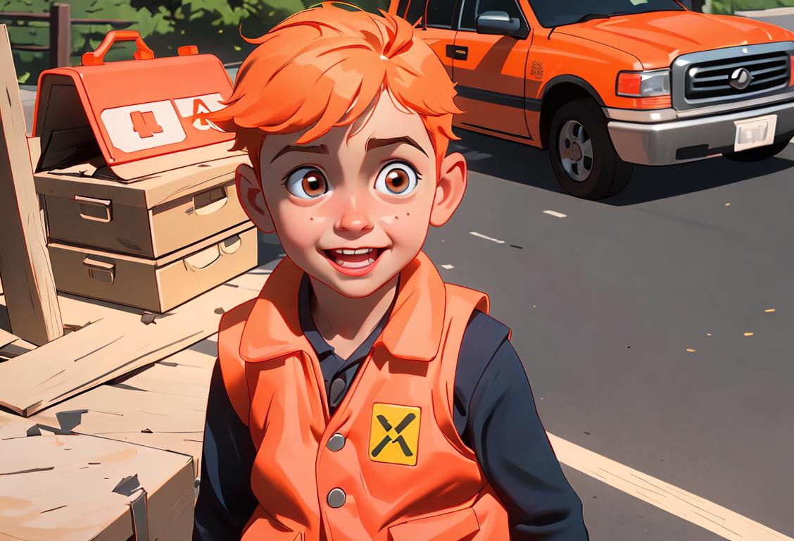 Happy child holding a safety kit, wearing a bright orange vest, suburban neighborhood with emergency supplies in the background..