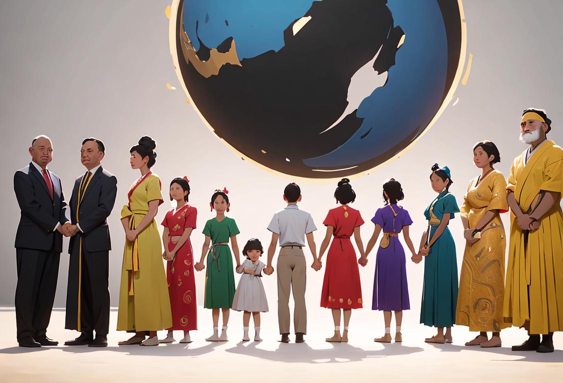 A diverse group of people, dressed in various cultural attire, standing together and holding hands, surrounded by symbols of unity and progress..