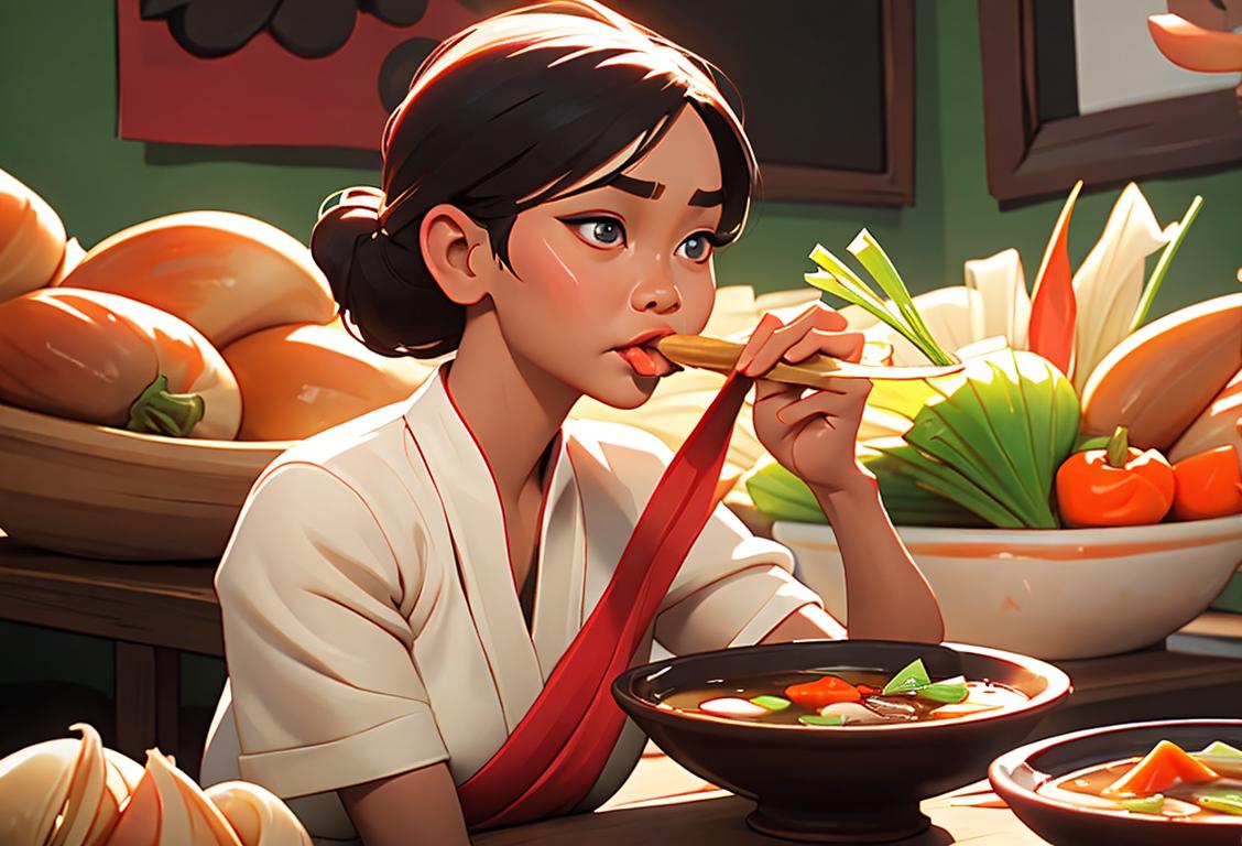 Young woman wearing a traditional Filipino dress, slurping Sinigang soup, vibrant local market setting..