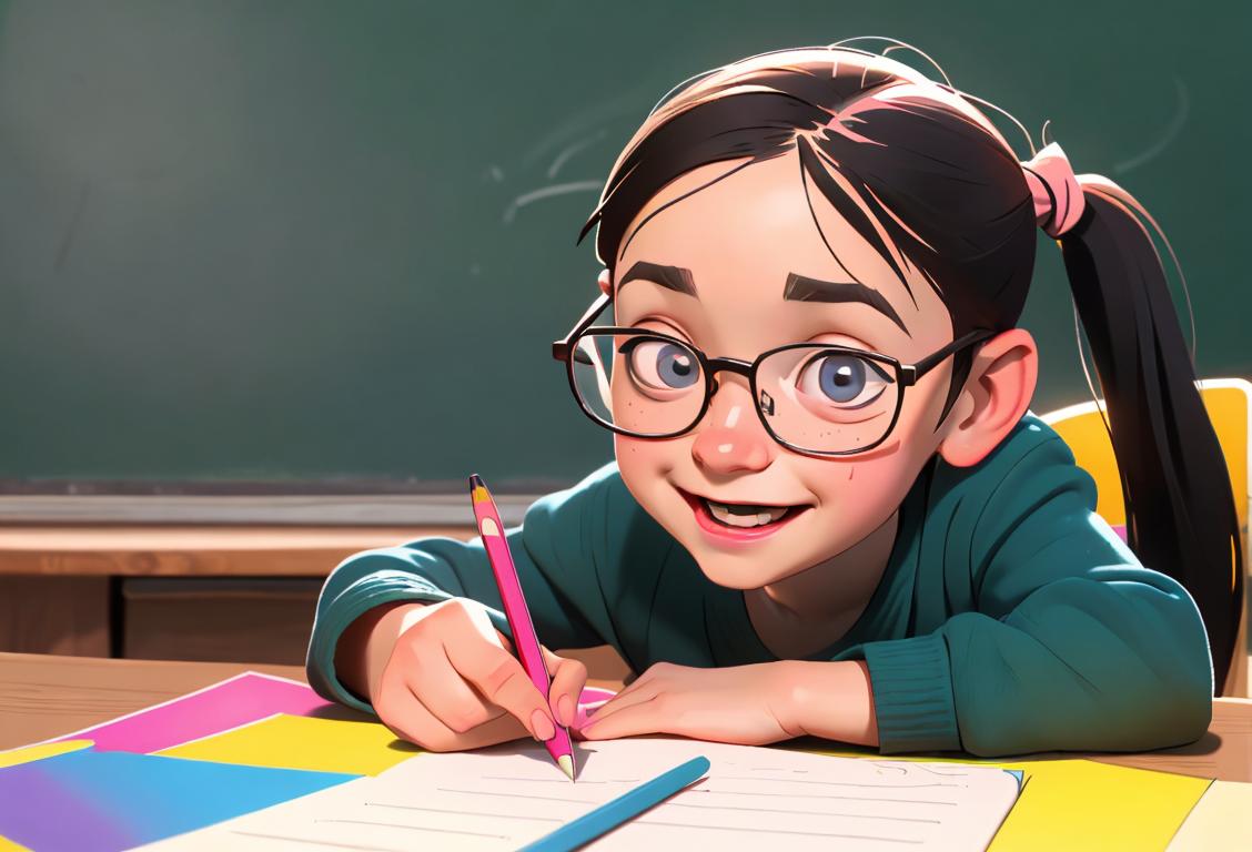 A cheerful child with glasses and cute pigtails, holding a colorful pencil, surrounded by a backdrop of a school classroom filled with textbooks and chalkboards.