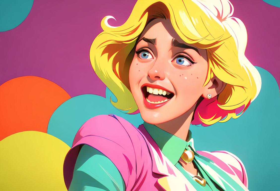 Young woman laughing at old embarrassing photos, wearing a colorful vintage outfit, retro party backdrop..