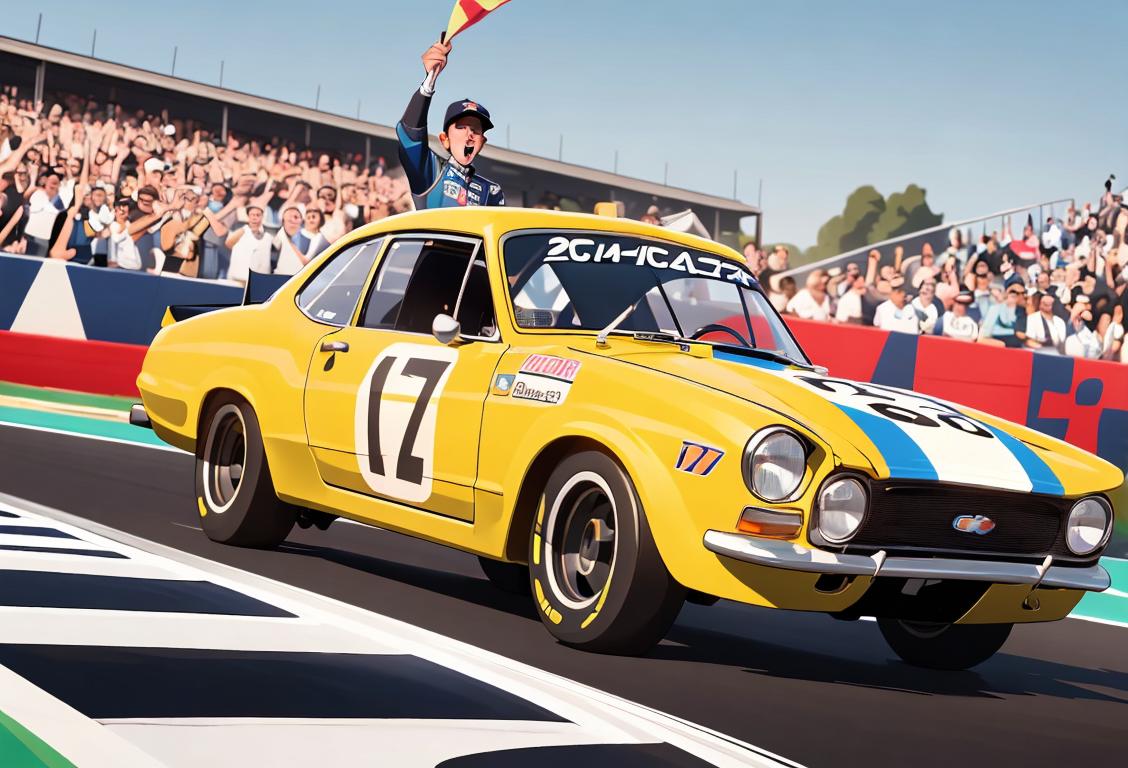 Young man in racing gear, wearing a checkered flag jacket, standing in front of a race car, with a crowd of excited fans cheering in the background..