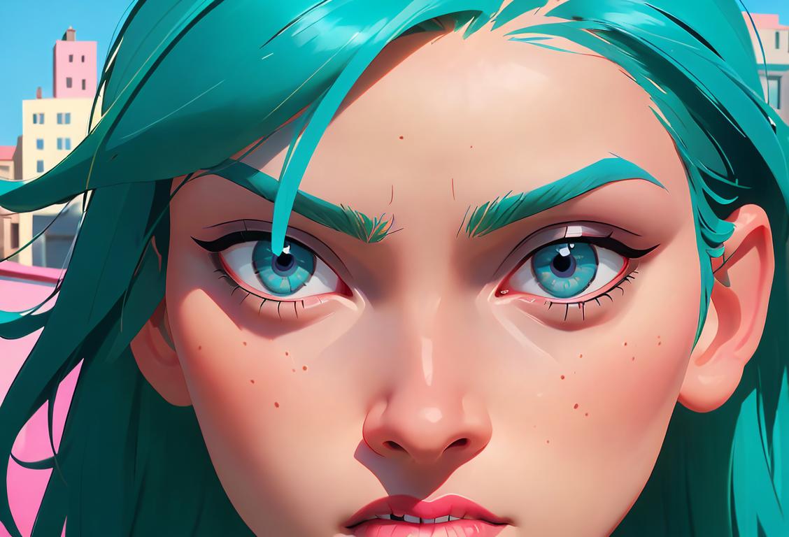 A close-up image of a person with one eye in a vibrant blue and the other in a striking green, wearing modern fashion, against a colorful city backdrop..