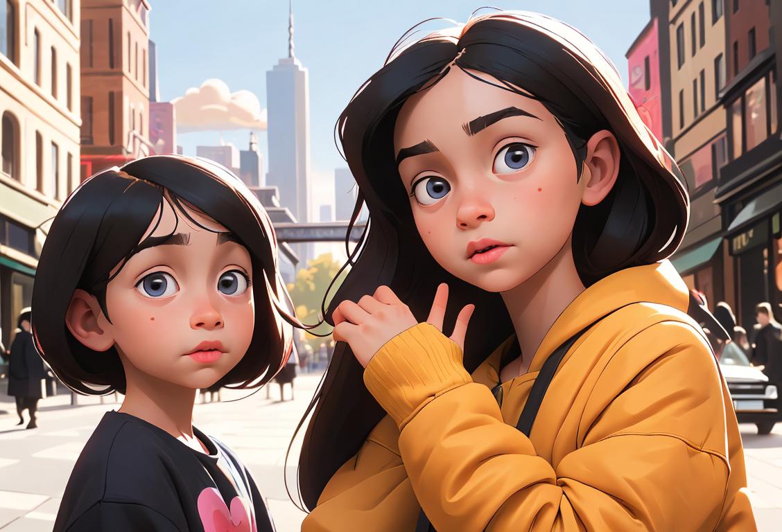 A warm-hearted middle child surrounded by their diverse siblings, adorned in trendy clothing, in a bustling cityscape..