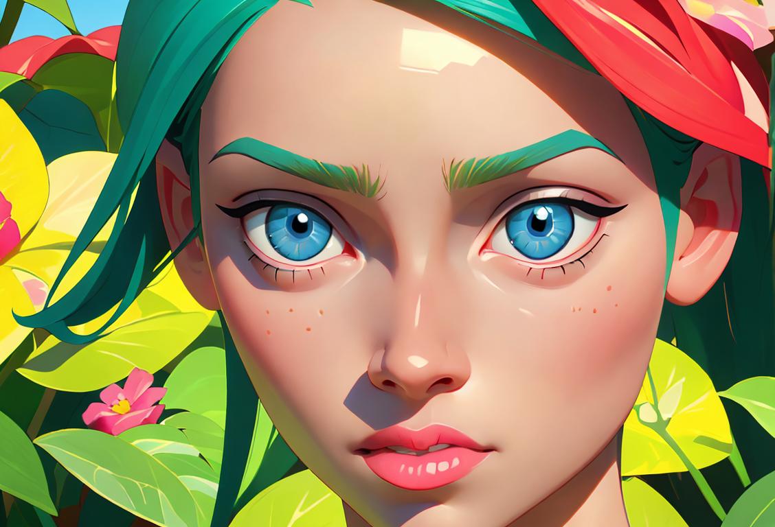 Close-up of a person with one blue eye and one green eye, wearing a colorful outfit, in a vibrant garden..