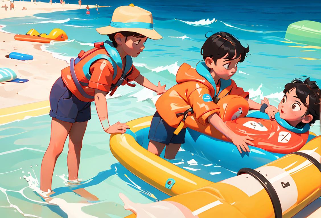 Children playing in a pool with colorful lifejackets, summer attire, beach scene, and water safety symbols in the background..