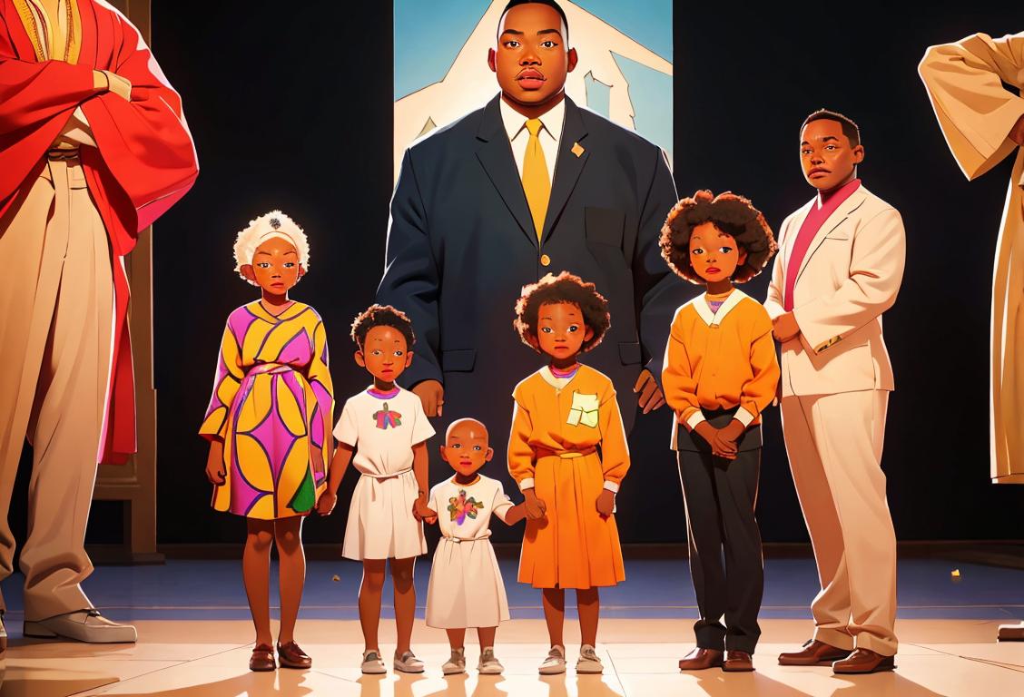 A group of diverse individuals, including children, adults, and seniors, standing in front of the National African American Museum on MLK Day, dressed in colorful clothing that represents various African American cultures..