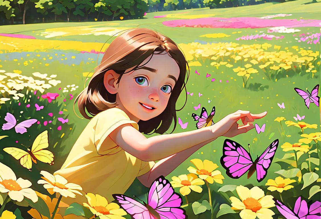 Colorful butterflies fluttering in a sunny garden, surrounded by blooming flowers and a joyful child in a meadow..