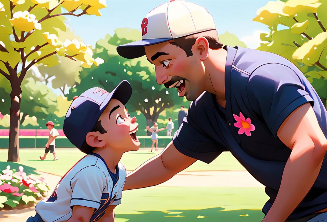 Father and child playing catch in a sunny park, wearing matching baseball caps, surrounded by blooming flowers and laughter..