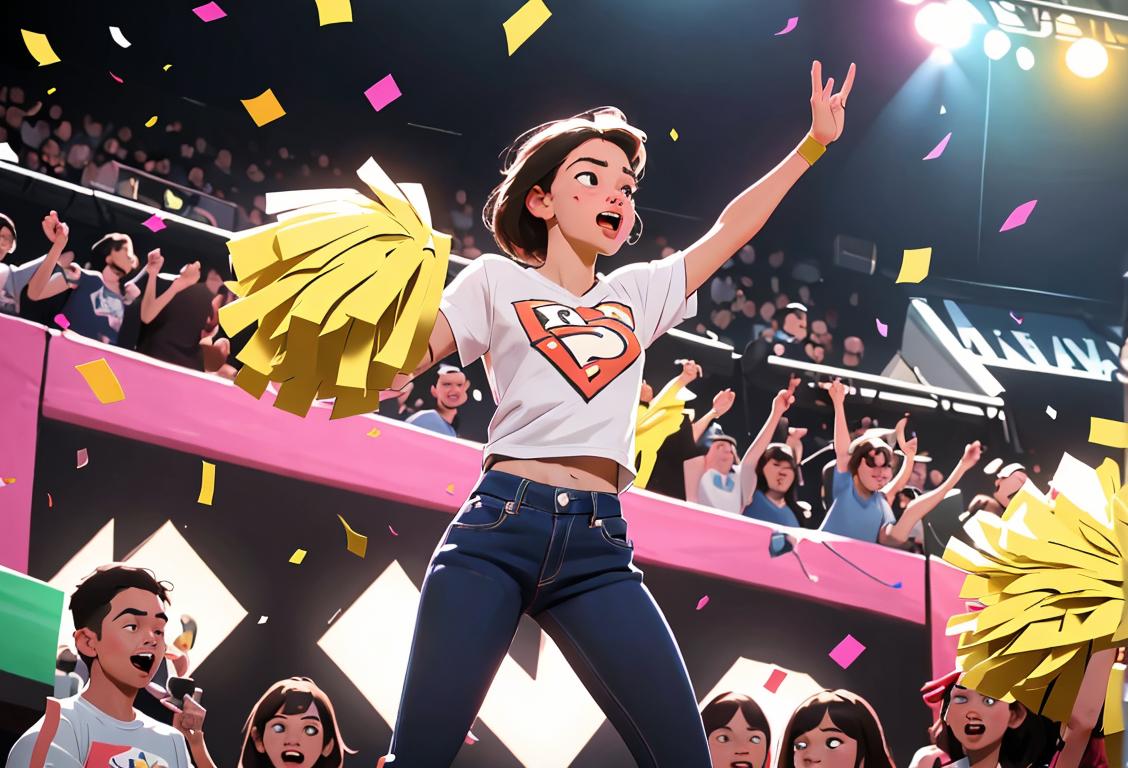A young person breaking a record, wearing a championship t-shirt, surrounded by cheering crowd, with confetti in the air..