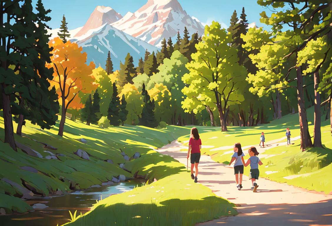 A family hiking through a picturesque national park, wearing comfortable outdoor clothing, surrounded by stunning natural landscapes and wildlife..