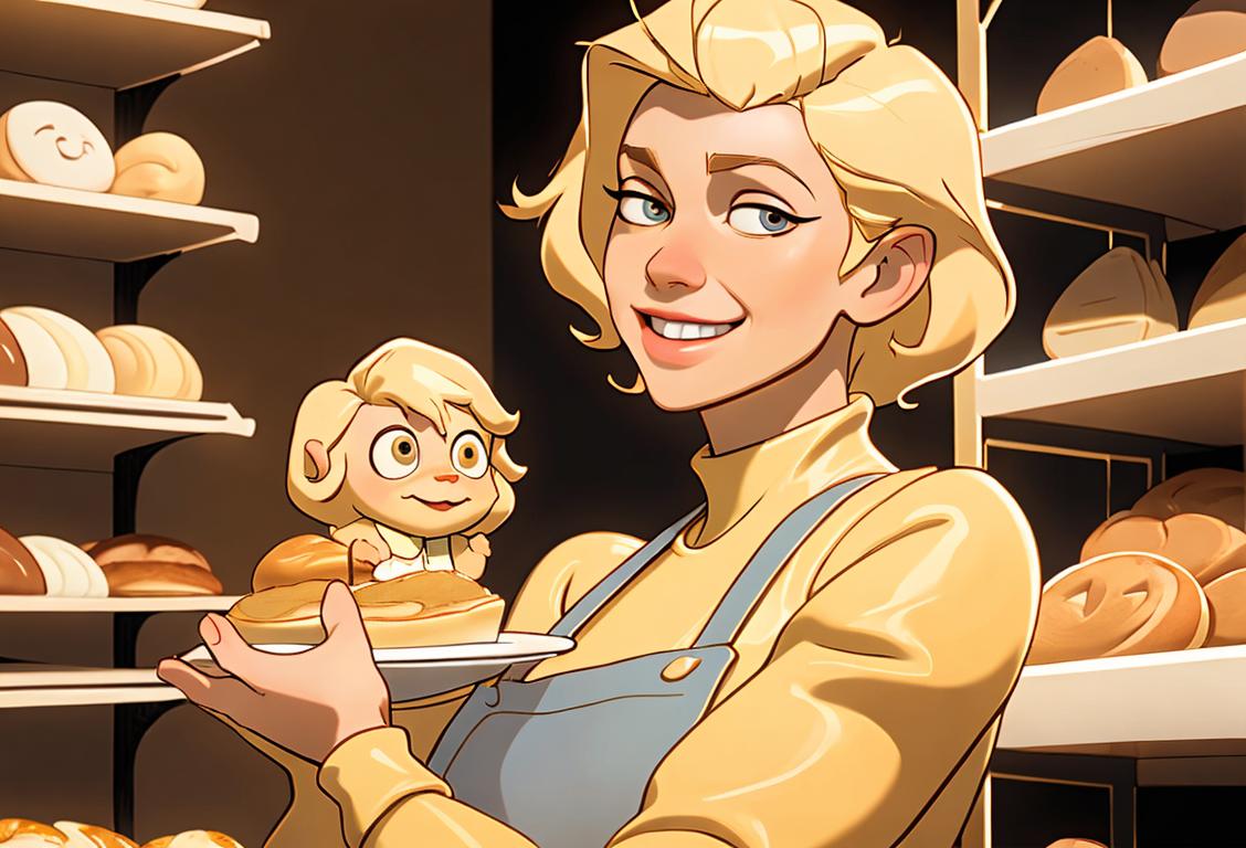 A happy person holding a golden blondie, wearing a sunny yellow outfit, surrounded by a cozy bakery atmosphere..