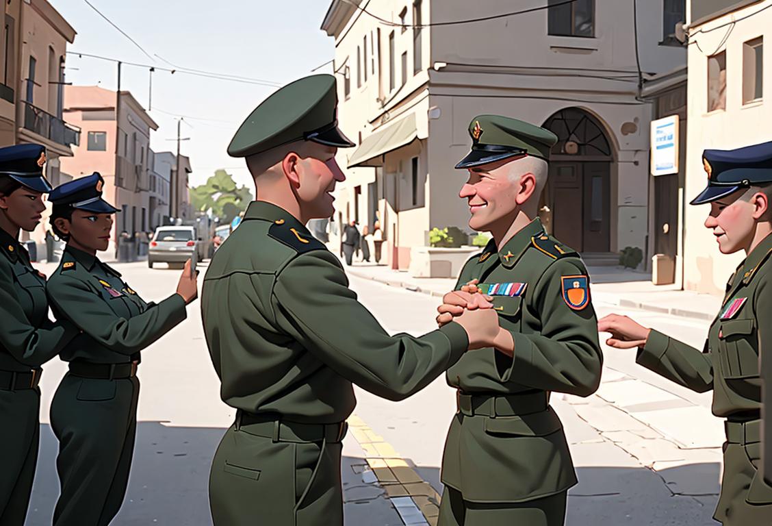 Smiling National Guard soldier shaking hands with a diverse group of community members, wearing military fatigues, urban neighborhood backdrop.