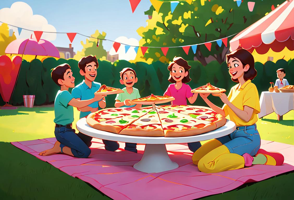 Cheerful family gathering around a large pizza, casual clothing, backyard picnic scene with colorful decorations and laughter in the air..