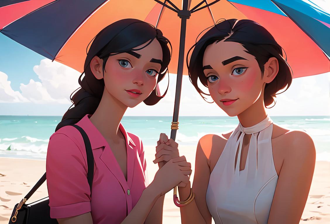 Two young women embracing, wearing matching friendship bracelets, beach setting with colorful umbrellas in the background..
