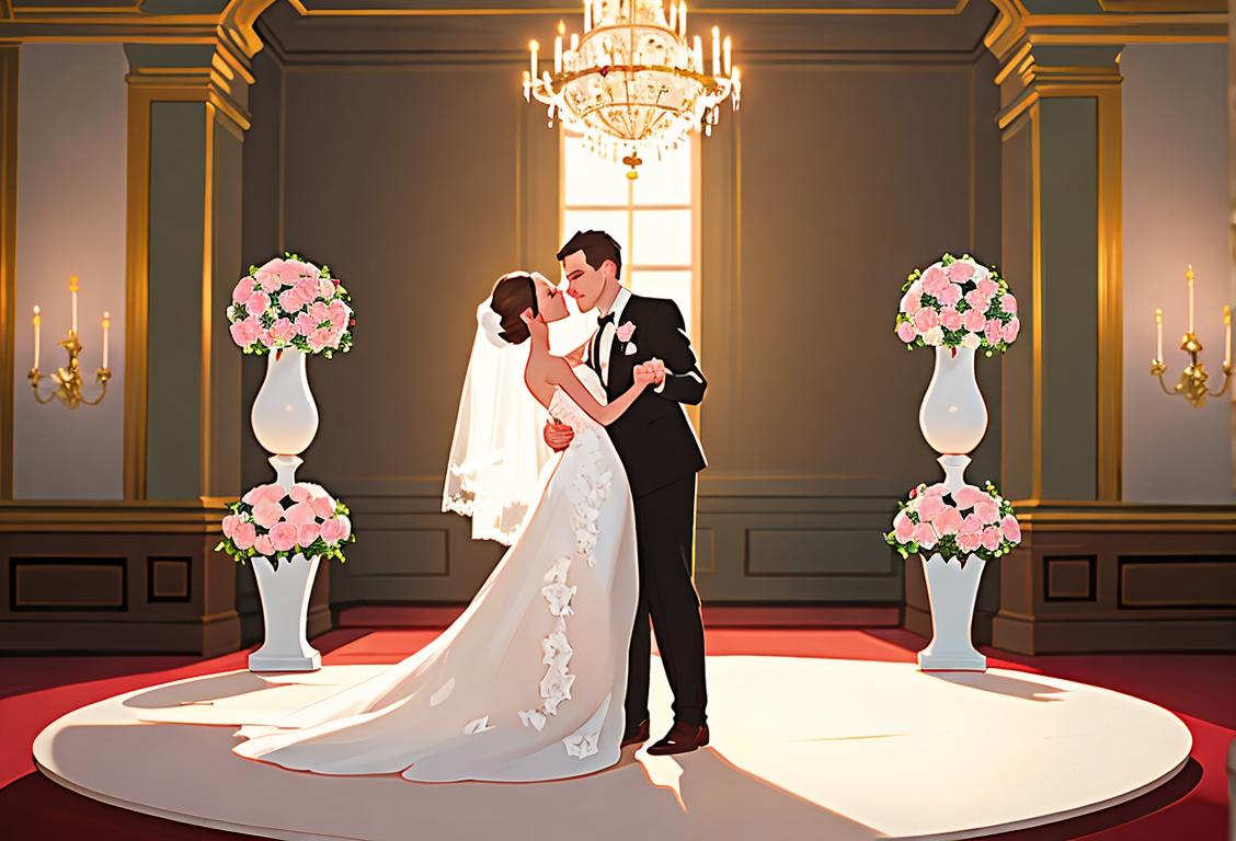 Happy couple in elegant attire, dancing in a beautifully decorated venue, surrounded by flowers and a towering wedding cake..
