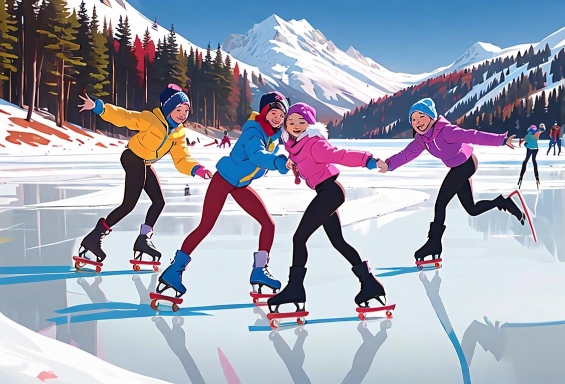 A group of people gracefully skating on a frozen lake, wearing colorful winter clothing, surrounded by snowy mountains..