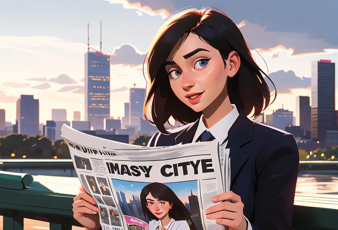 Happy young woman holding a newspaper, wearing professional attire, city skyline in the background.