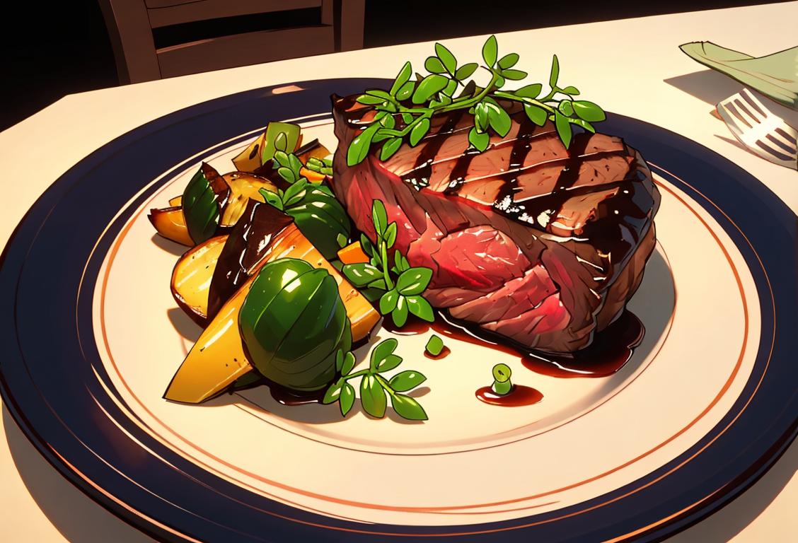 A succulent filet mignon steak, beautifully seared with grill marks, served with a side of roasted vegetables, and garnished with fresh herbs..