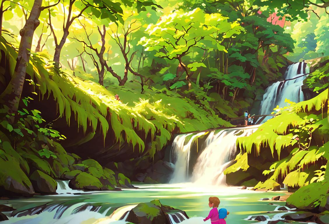 A family hiking in a national park, wearing colorful outdoor clothing, surrounded by lush greenery and waterfalls..