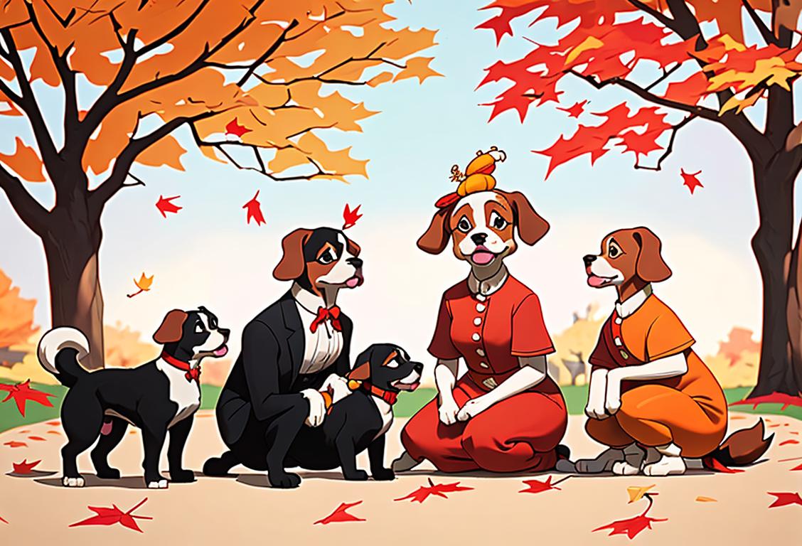 Dog breeds of different sizes and colors, dressed in festive Thanksgiving outfits, surrounded by autumn leaves, family enjoying the show together..