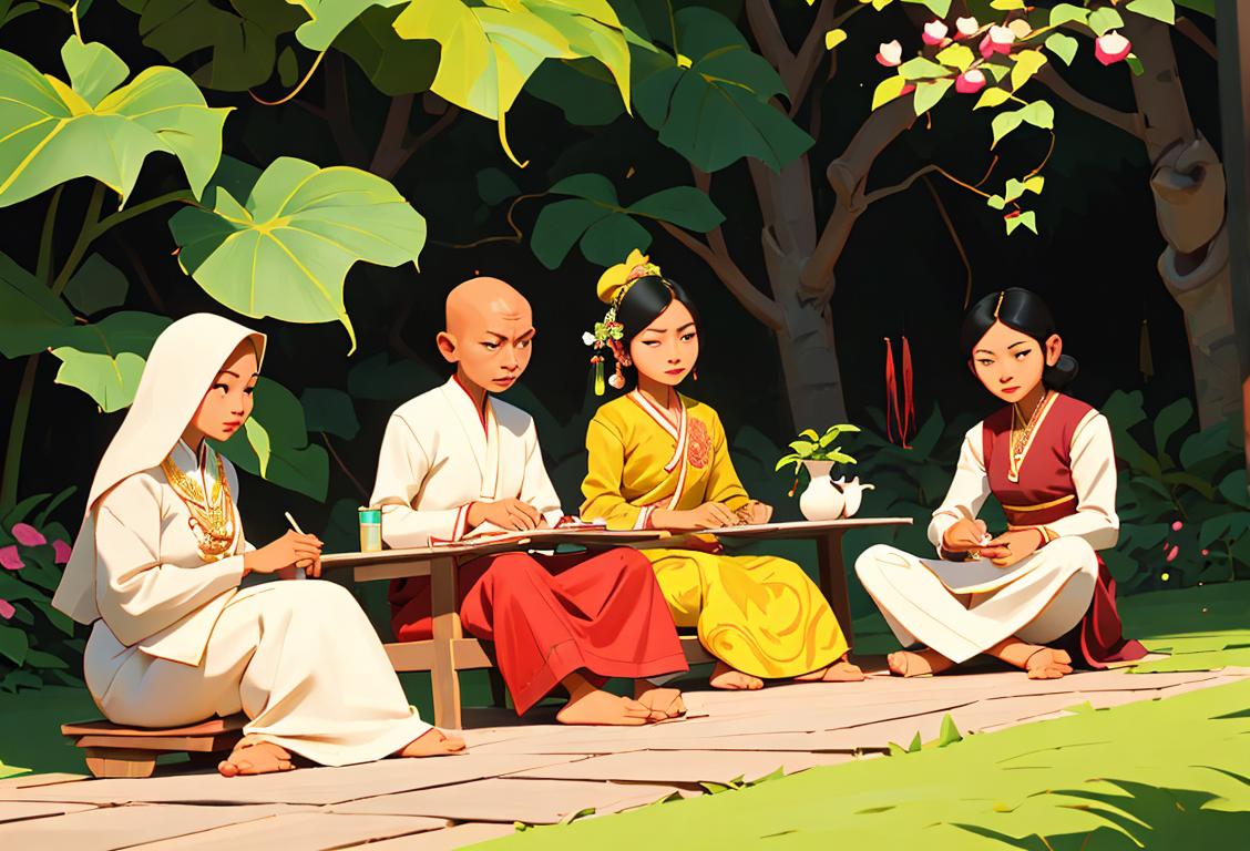 A group of individuals wearing traditional Indonesian clothing, sitting in a peaceful garden setting, engaging in educational activities..