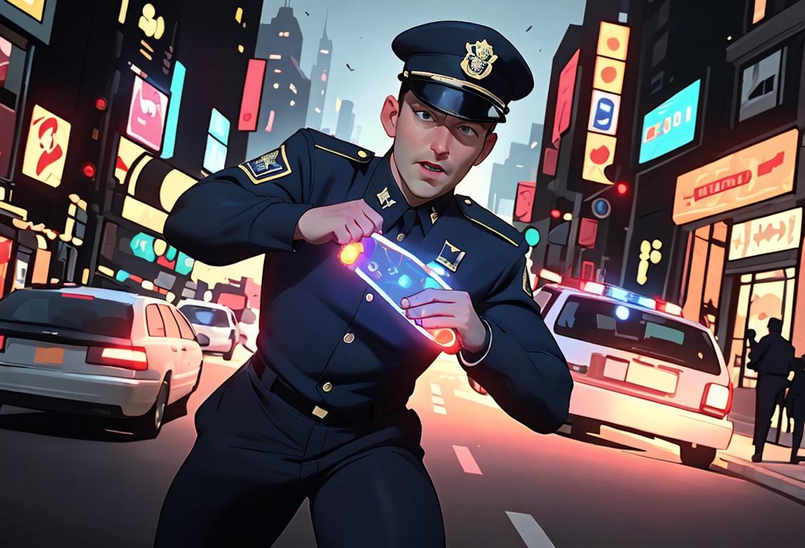 A first responder in full uniform, surrounded by flashing lights, saving the day in a bustling city scene..