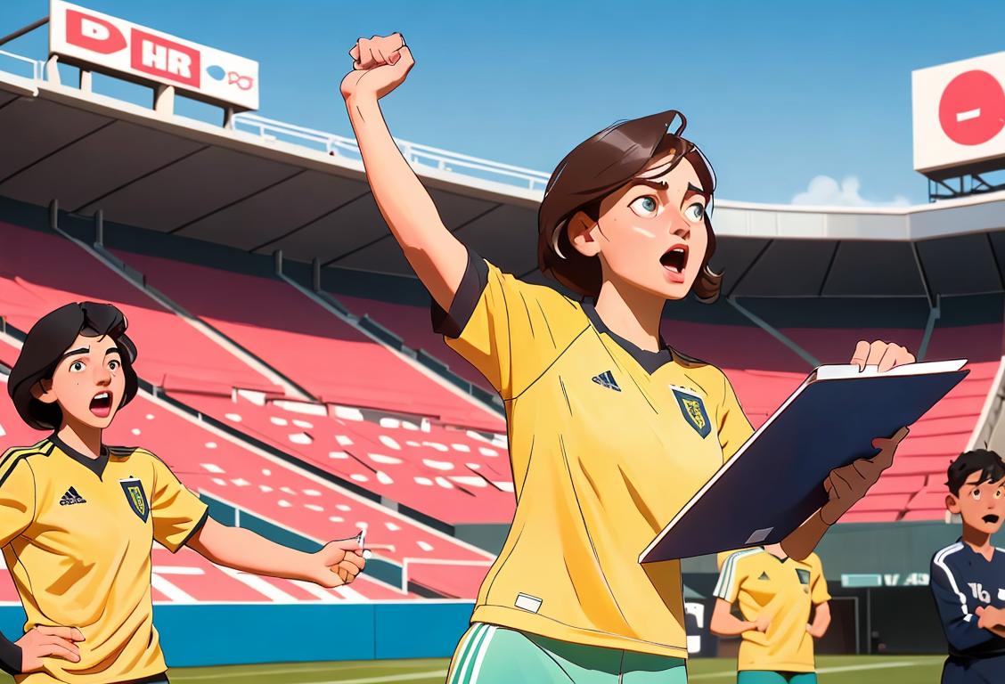 A team manager in a soccer jersey, holding a clipboard and cheering on their team, surrounded by a stadium full of enthusiastic fans..