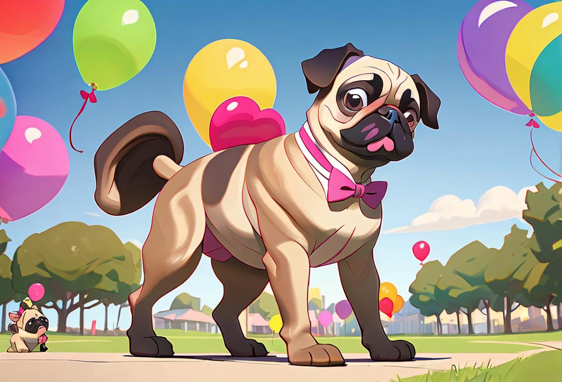 Cute pug wearing a stylish bowtie, surrounded by colorful balloons, park setting with children playing in the background..