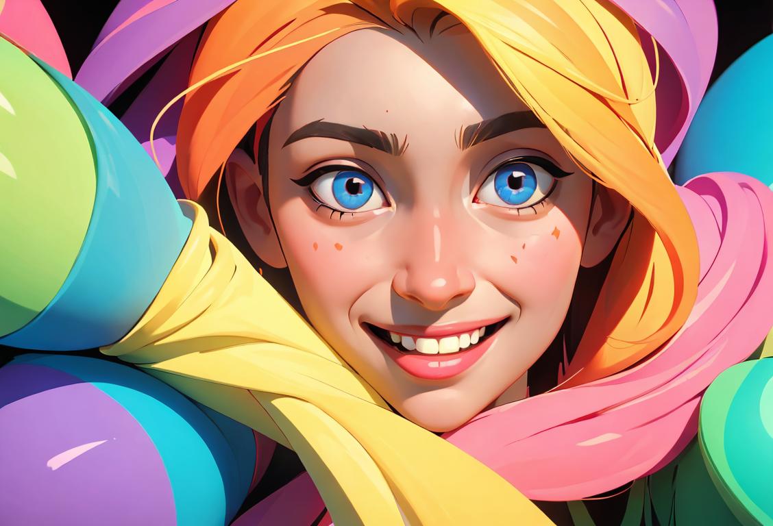 A person in colorful clothing with a joyful expression, surrounded by a diverse group of people, engaging in acts of kindness..