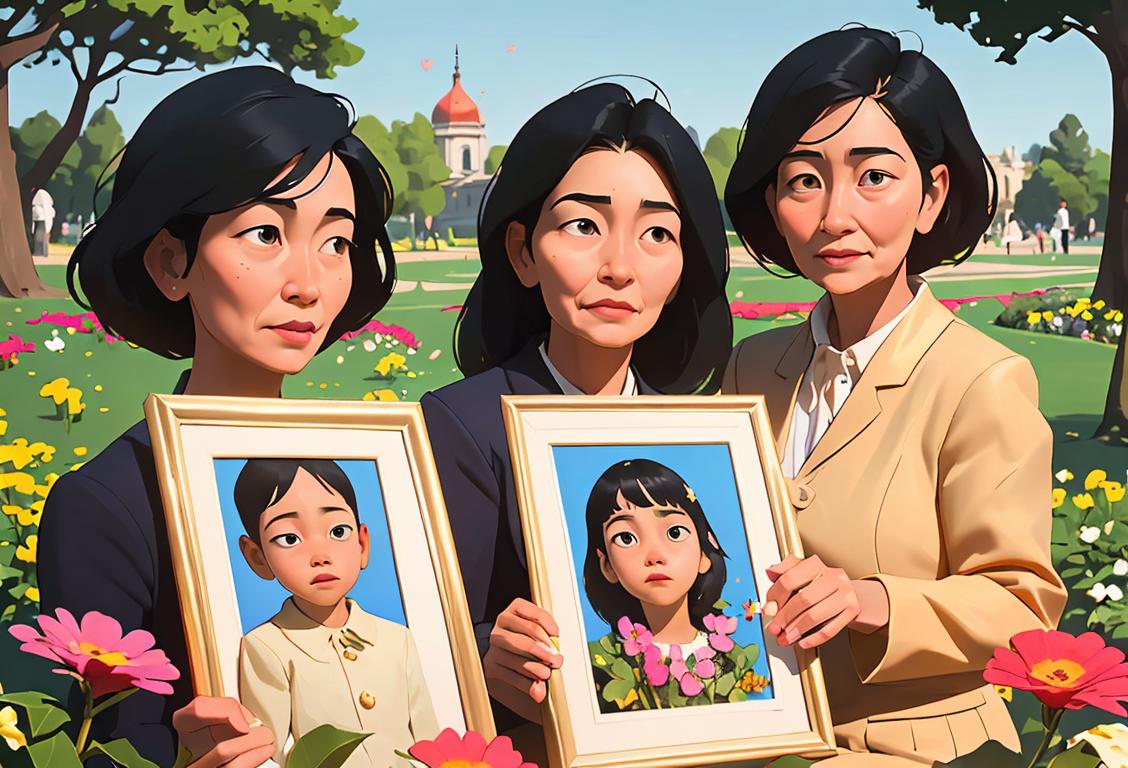 A group of diverse women holding framed photos of their fallen children, sharing stories of love and remembrance. The backdrop is a peaceful park with colorful flowers..
