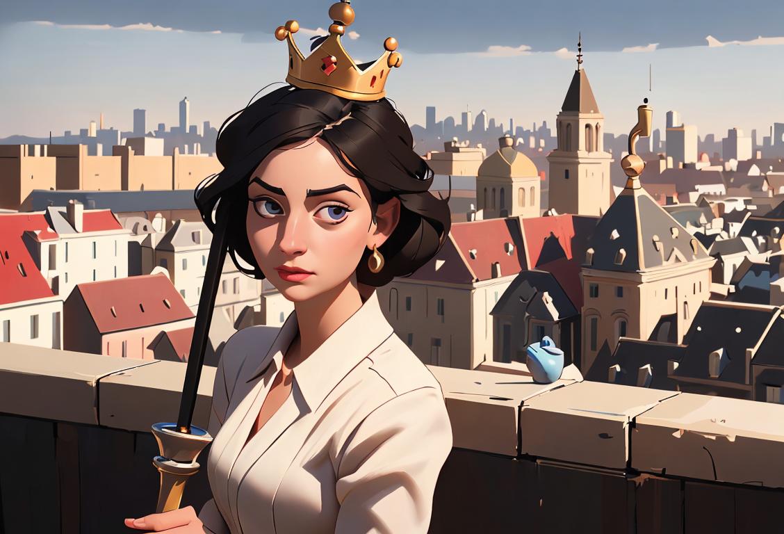 Young woman wearing a plunger as a crown, stylishly dressed, urban cityscape background..