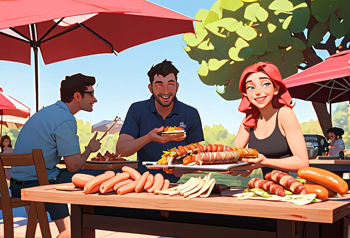 Group of friends gathered around a barbeque grill, smiling and enjoying delicious sausages on National Sausage Sizzle Day. Casual attire, backyard setting, sunny weather..