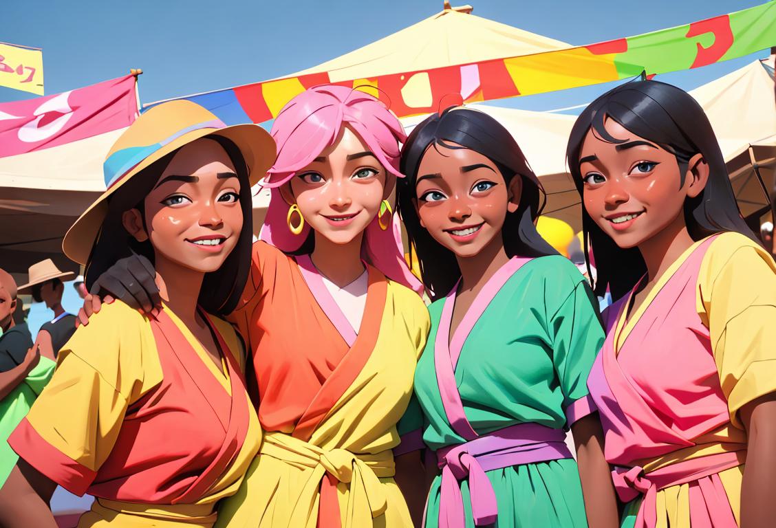 Smiling group of people wearing colorful costumes and celebrating National Kyondi Day in a vibrant festival setting..