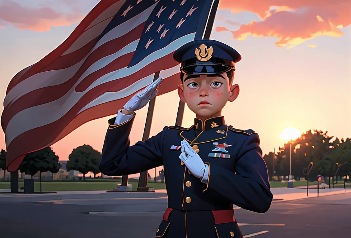 A young child saluting in front of an American flag, dressed in military attire, with a backdrop of a sunset over a memorial park..