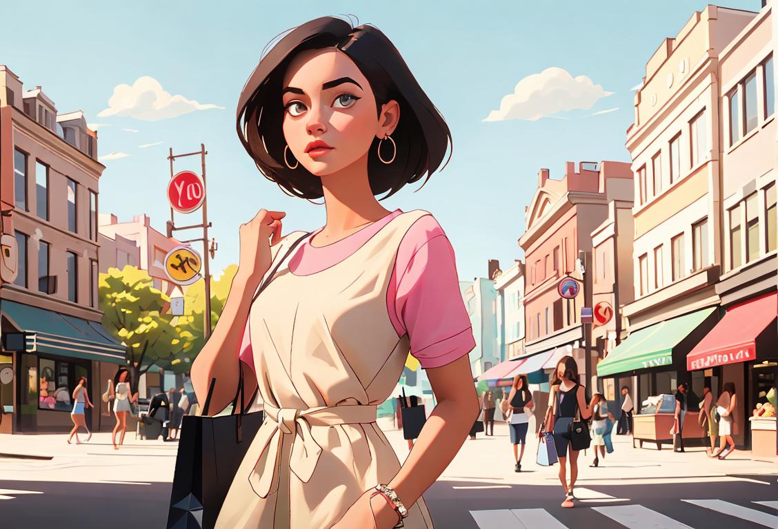 Young woman holding shopping bags, wearing trendy summer fashion, urban cityscape background, surrounded by floating discount signs..