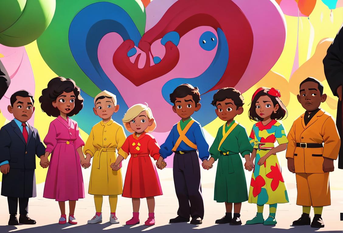 A diverse group of people of all ages and backgrounds holding hands in unity, wearing colorful clothing, representing peace and anti-racism, against a vibrant and inclusive city backdrop..