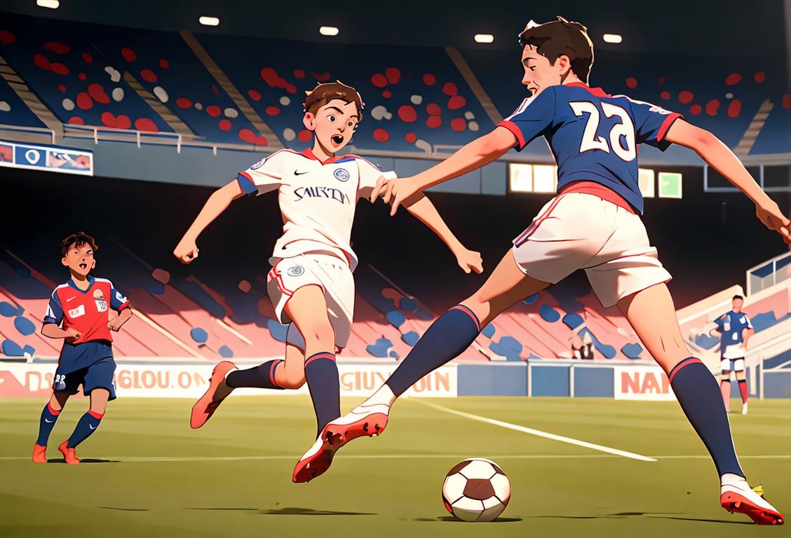 Young soccer player in National League North team jersey, kicking ball at a stadium, surrounded by enthusiastic fans in team colors..