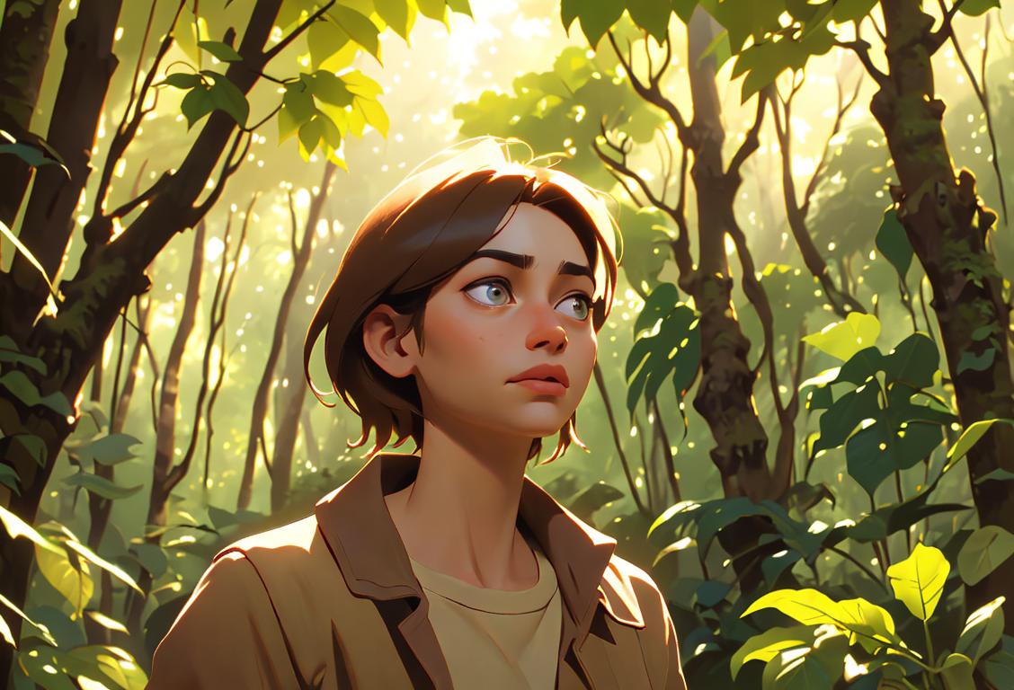 A person exploring a lush forest, wearing earth-toned clothing, with sunlight peeking through the trees..