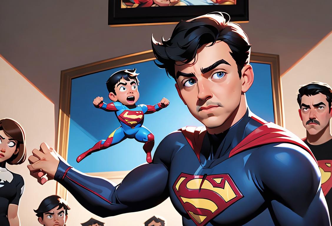 A young person in superhero attire, surrounded by Steve and Tony merchandise, representing the internet sensation of National SteveTony Day..