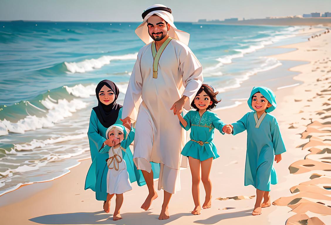 Smiling family enjoying a day at the beach in traditional Iranian attire, surrounded by turquoise waters of the Persian Gulf..