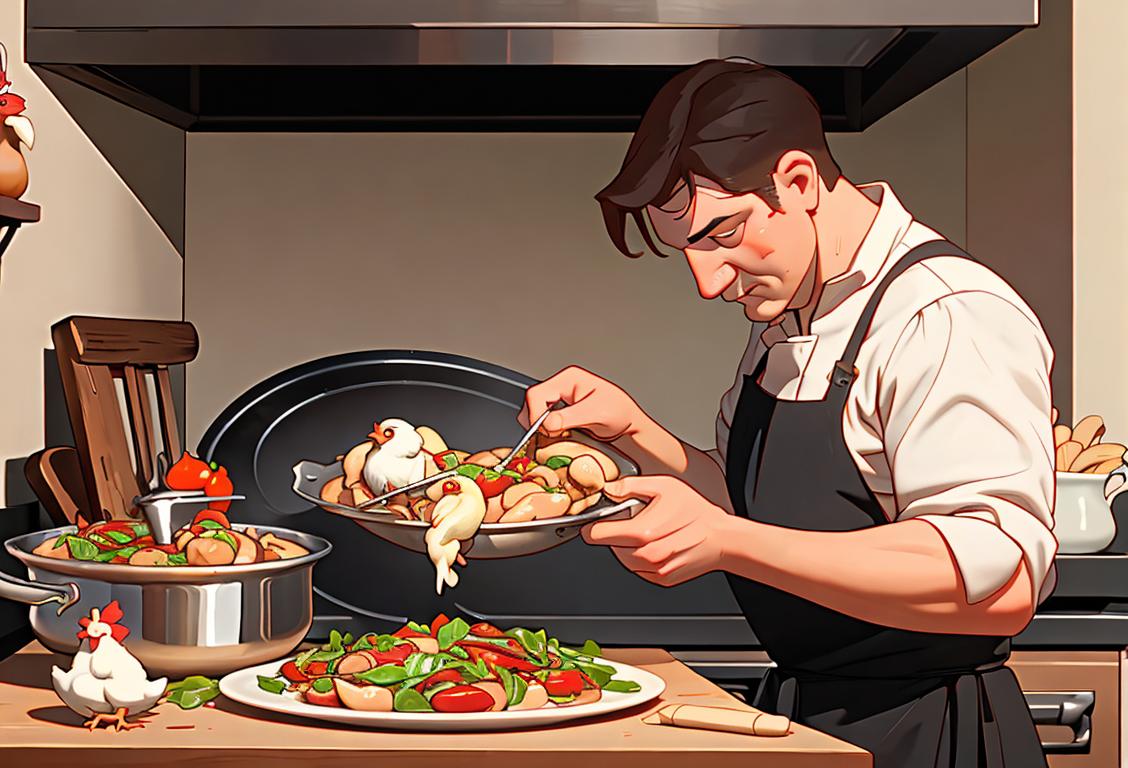 A rustic kitchen scene featuring a chef wearing an apron stirring a pot of chicken cacciatore, surrounded by fresh ingredients and traditional Italian cookware..