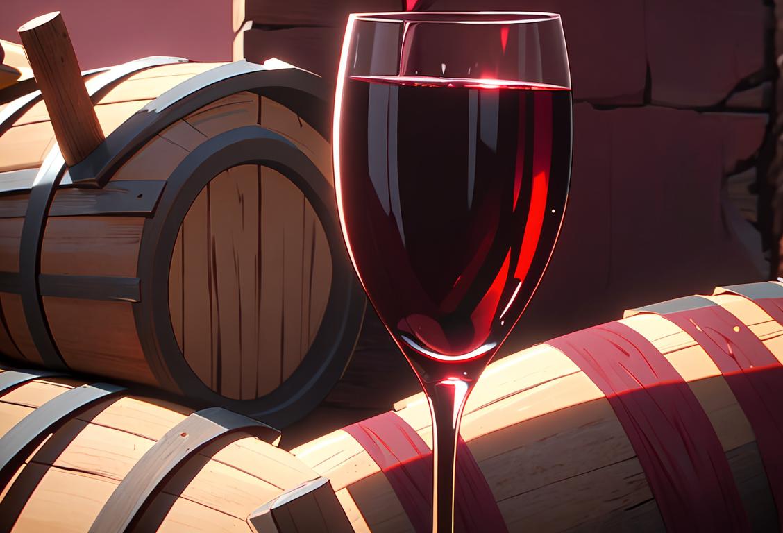 Close-up of a wine glass filled with deep red Cabernet Franc, set against a rustic backdrop of vineyards and oak barrels..