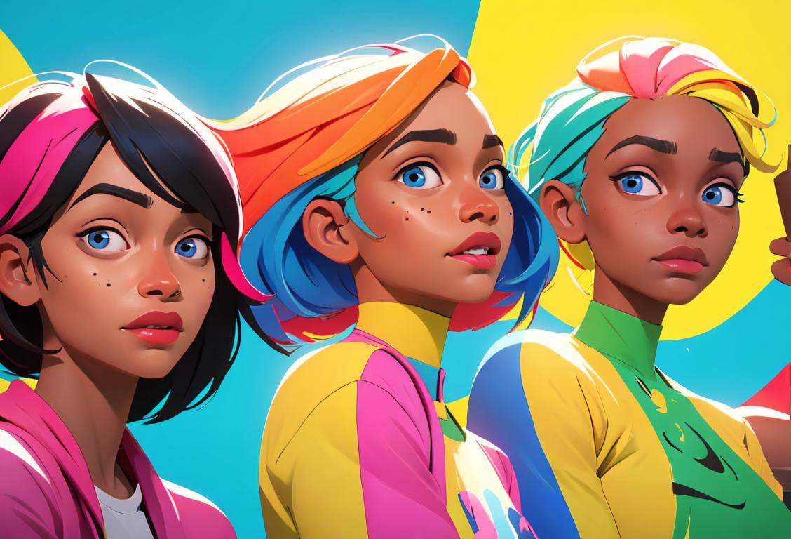 A diverse group of people wearing brightly colored clothes, engaging in activities that promote unity and equality, against a backdrop of a vibrant and diverse community.