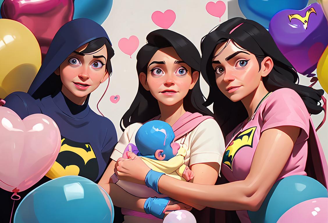 Neonatal nurse in superhero cape, holding a tiny baby, surrounded by colorful balloons and a caring medical team..