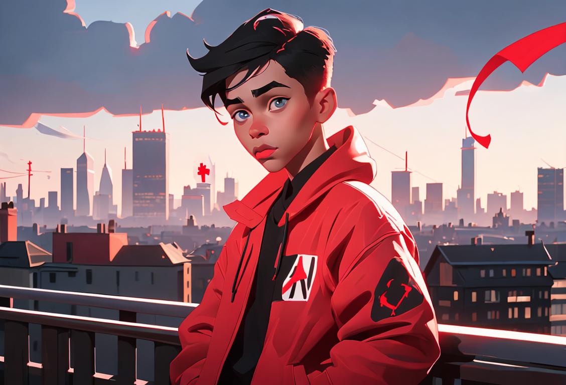 Young person with a red ribbon symbolizing HIV awareness, wearing stylish urban clothing, city skyline in the background..