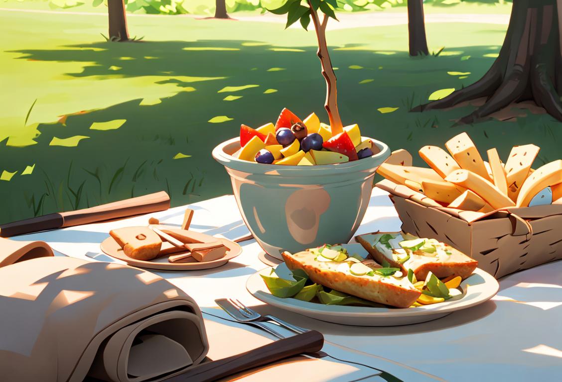 Person holding a stick with an assortment of food items, wearing casual summer clothing, outdoor picnic setting..