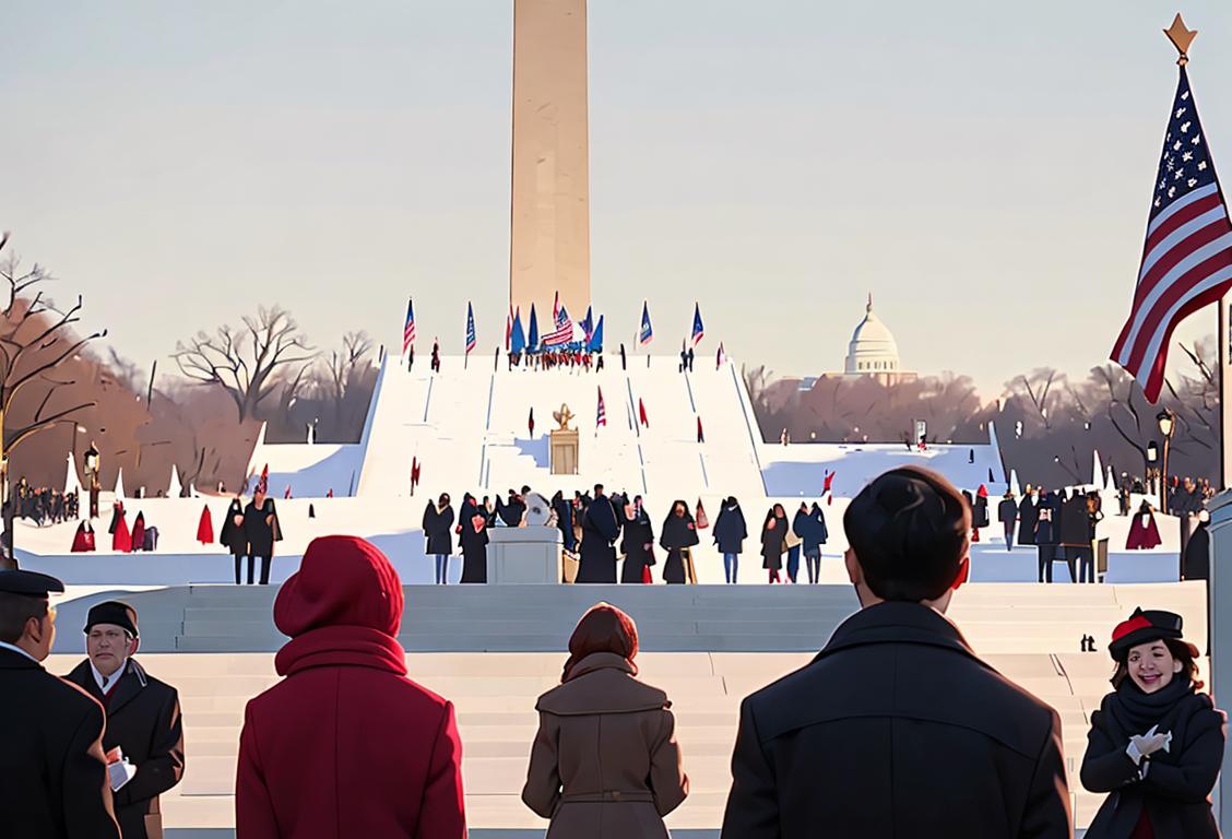 A joyful scene with people gathered in front of the National Mall on Inauguration Day, some wearing winter coats and scarves, others in formal attire, celebrating with American flags..