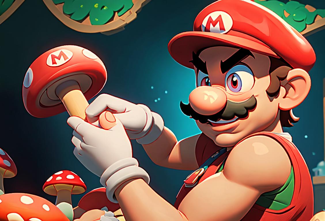 Young person dressed as Mario with red cap and overalls, holding a controller, surrounded by pixelated Mushroom Kingdom elements.